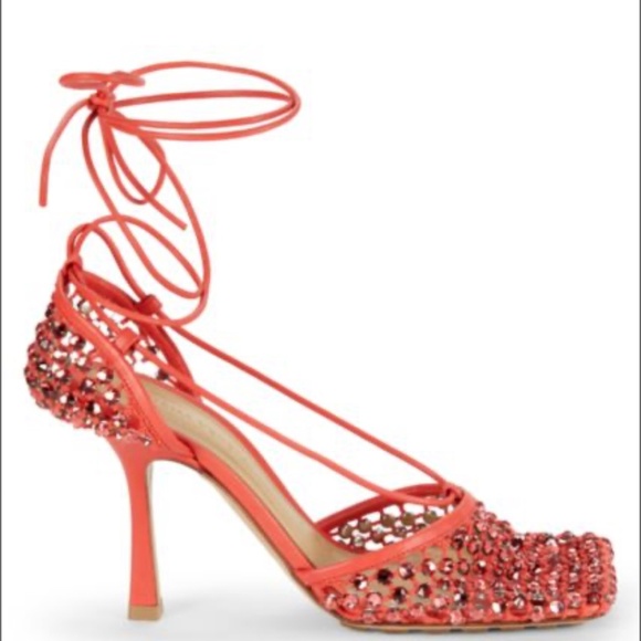 $2000 BOTTEGA VENETA STRETCH WEB CRYSTAL LACE UP SANDALS HEELS SHOES 38.5 - Picture 2 of 11